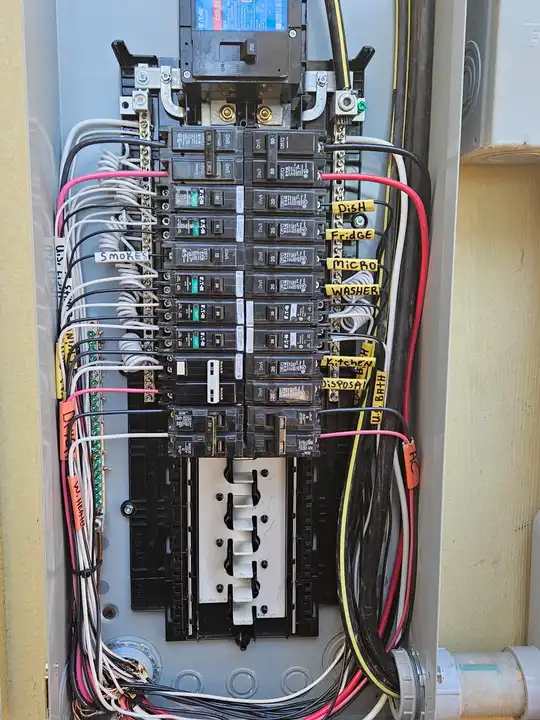 An open electrical panel with neatly dressed wiring and labelled breakers