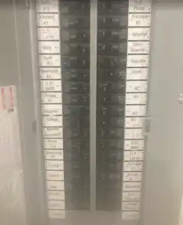 A close view of a panel with a labelled breaker for each circuit