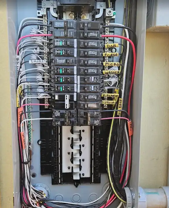 A neatly dressed open panel with colour-coded wiring